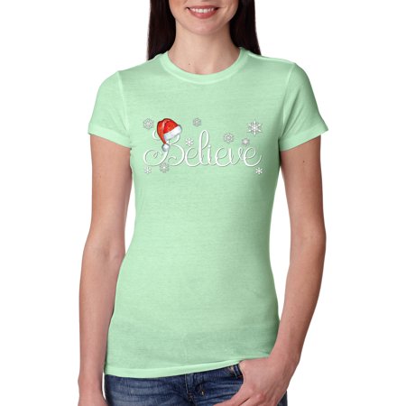 Santa Hat Snowflake Believe Christmas Womens Slim Fit Junior Tee  Mint  2XL