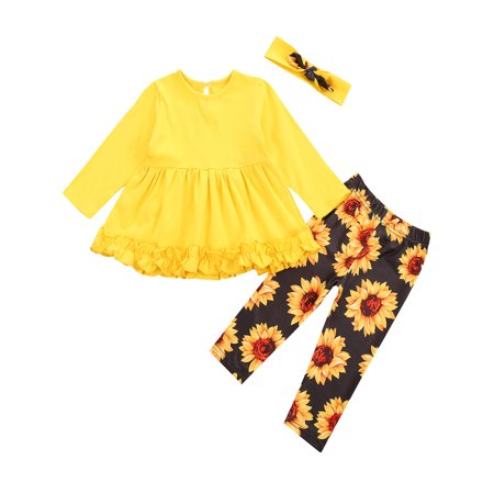 LA HIEBLA Baby Girl Ruffle Top+Sunflower Print Pants+Headband 3Pcs Outfits Set