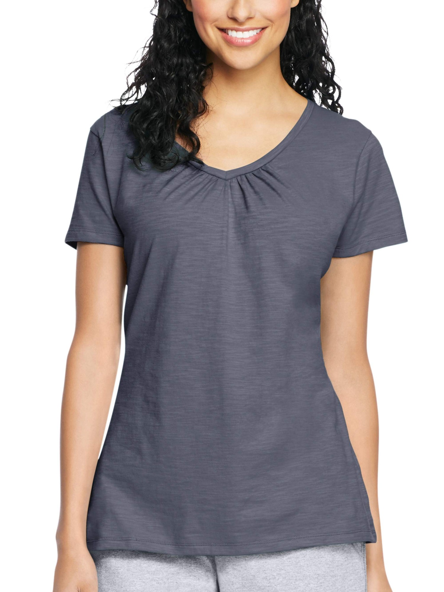 Hanes Women S Slub Jersey Shirred V-Neck T Shirt
