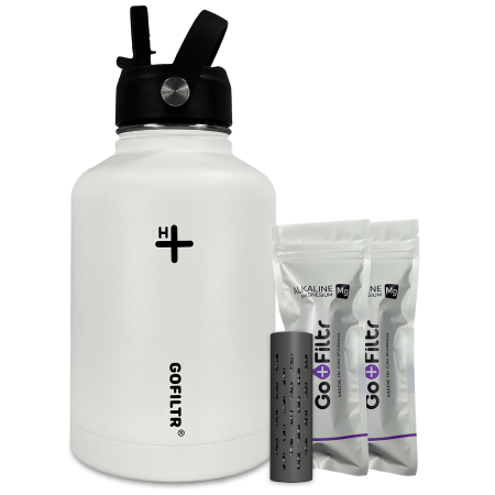 GOFILTR 50 Oz Alkaline Magnesium Water Bottle Kit | 2 Magnesium Mineral Water Infusers + 50 Oz Insulated Stainless Steel Water Bottle Jug (Cotton / Wi