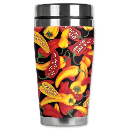 Mugzie Brand 16-Ounce Stainless Steel Travel Mug with Insulated Wetsuit Cover - Red & Yellow Peppers