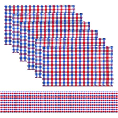 4th of July Buffalo Plaid Table Runner 13 X 72 Inch Patriotic Independence Day Table Runner with 6 Pieces Red White Blue Plaid Check Placemats for Kit