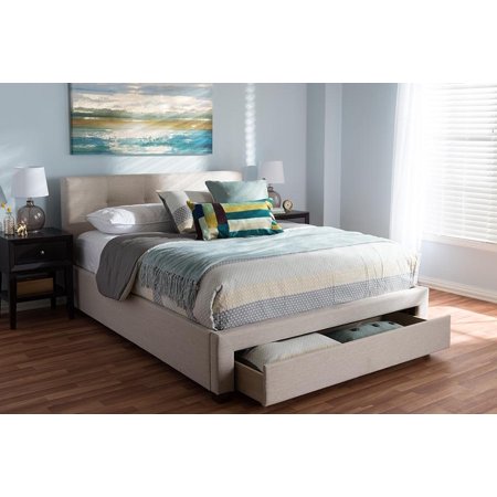Contemporary Queen Platform Bed Fabric Beige 1679