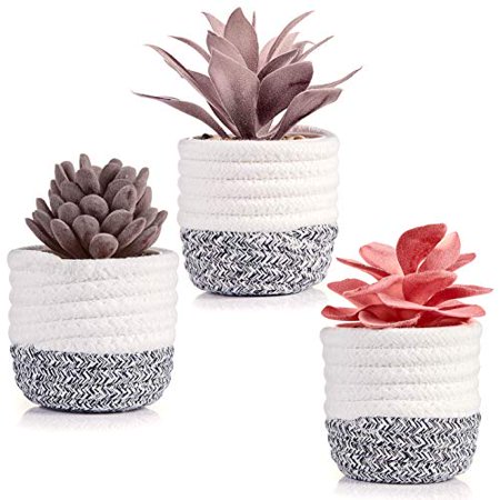 Artificial Succulents in Plant Basket for Shelf Decor, Office Desk, Living Room Table and Bedroom Decorations - Set of 3 Purple and Red Fake Succulent