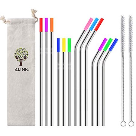 ALINK 12-Pack Stainless Steel Metal Straws with Silicone Tips, Long Reusable Drinking Straws for 20oz/ 30oz Yeti/Rtic Tumblers, Starbucks, Tervis with