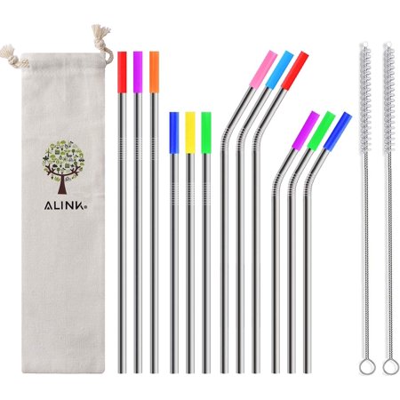 12-Pack Stainless Steel Metal Straws with Silicone Tips, Long Reusable Drinking Straws for 20oz/ 30oz Yeti/Rtic Tumblers, Starbucks, Tervis with 2 Cle