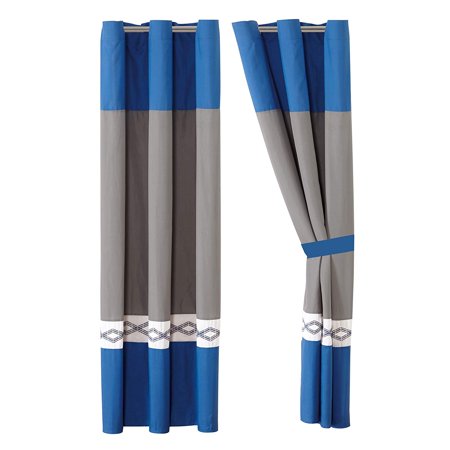 Embroidered 4 Piece Curtain Set Royal Blue White Panels and Tie Backs-21320 (Curtain)