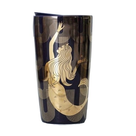 STARBUCKS Gold Siren Mermaid Ceramic Double Wall Tumbler 12 Oz Coffee Travel Mug Cup