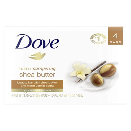 Dove Purely Pampering Beauty Bar for Softer Skin Shea Butter MoreMoisturizing Than Bar Soap, (4 Count of 3.75 Oz Bars) 15 Oz