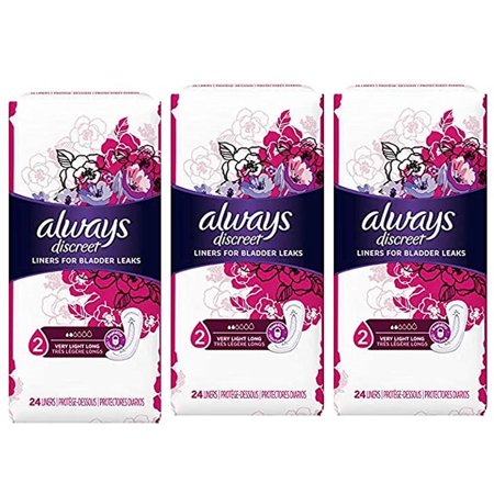 Pack of (3) Always Discreet Incontinence Bladder Liners - Very Light - Long Length - 24 Count