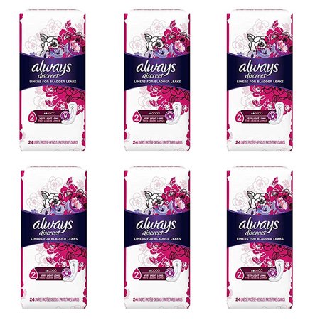 Pack of (6) Always Discreet Incontinence Bladder Liners - Very Light - Long Length - 24 Count