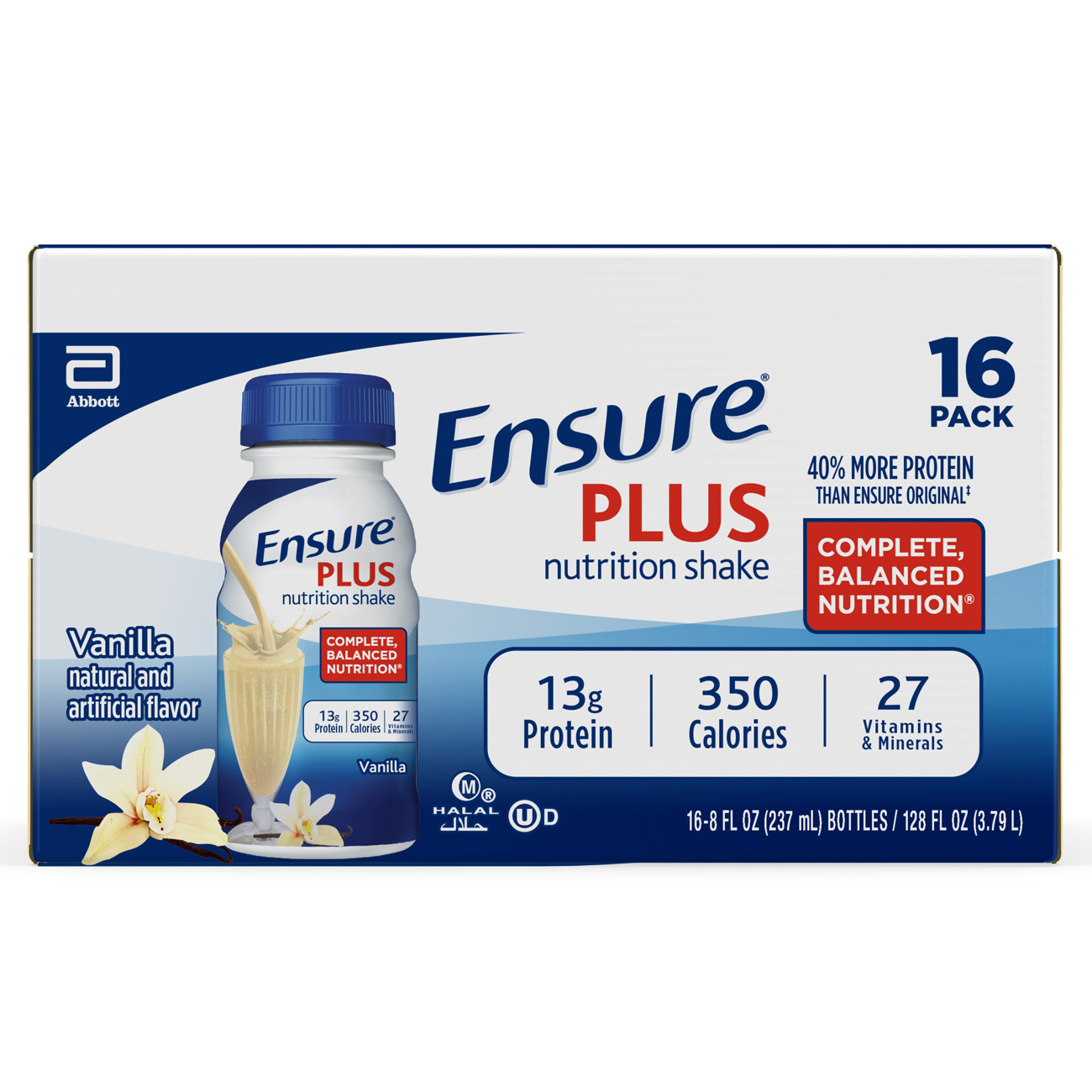 Ensure Plus Nutrition Shake Vanilla Non-Caffeinated- 128 Fl Oz/16ct: Kosher, Halal, Gluten-Free, Lactose Sensitivity, 16g Milk Protein