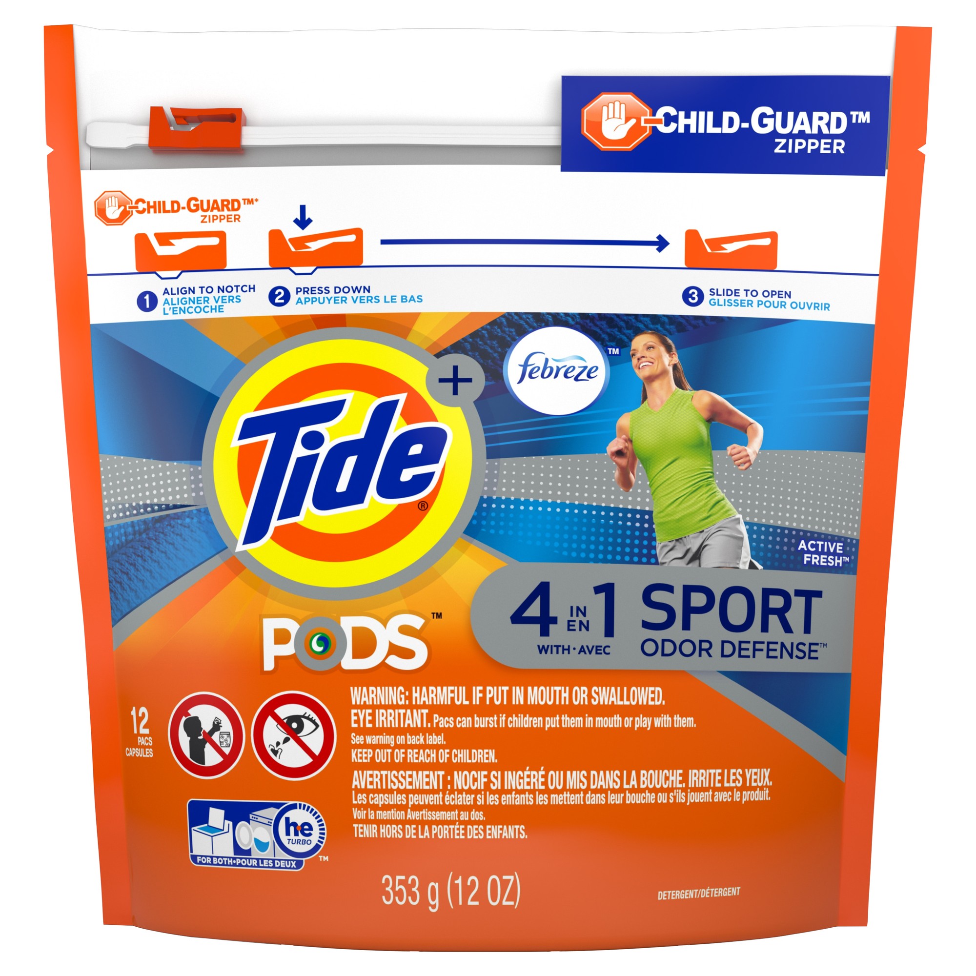Tide PODS Plus Febreze, Sport Odor Defense Liquid Laundry Detergent Pacs, Active Fresh Scent, 12 Count