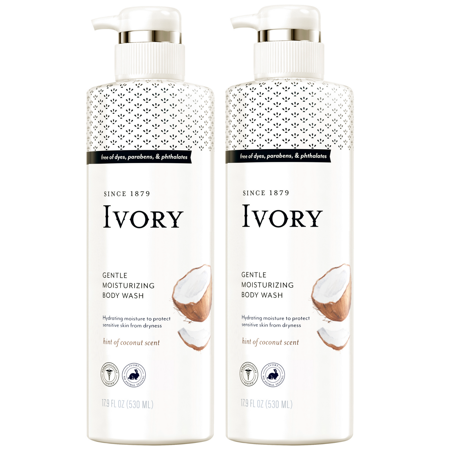 Ivory Sensitive Skin Moisturizing Body Wash, Hint of Coconut Scent, 17.9 Fl Oz (Pack of 2)
