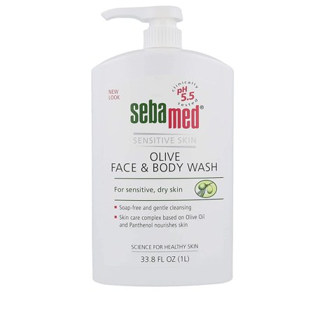 Olive Face and Body Wash with Pump for Sensitive and Delicate Skin PH 5.5 Ultra Mild Dermatologist Recommended Cleanser 33.8 Fluid Ounces (1 Liter)