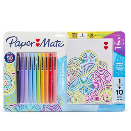 Paper Mate Flair Felt Tip Pens, Medium Point, Assorted, Includes 32-Page Notebook, 11 Count