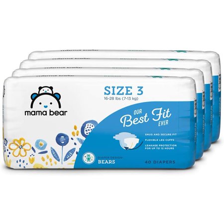 Amazon Brand - Mama Bear Best Fit Diapers Size 3  160 Count  Bears Print (4 Packs of 40) [Packaging May Vary]