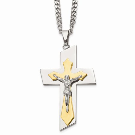 Stainless Steel and Gold IP-plated Cross Crucifix Pend Pendant Necklace Charm Chain 24