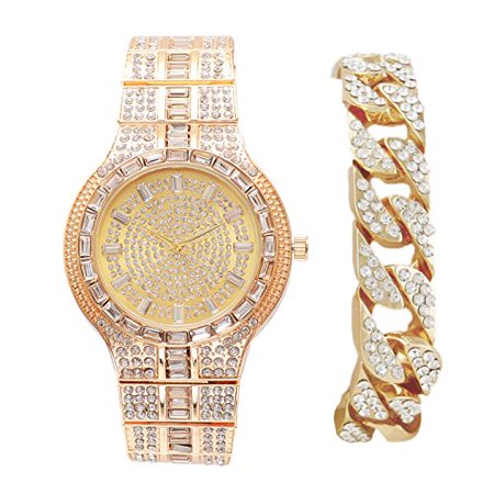 Bling’ed Out Hip Hop Baguette Ice Watch with Matching Bling’ed Out Miami Gold Cuban Bracelet - ST10226B (8645B Gold)