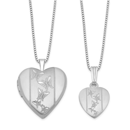 925 Sterling Silver RH-plated Polished & Satin Butterfly Heart Locket & Pend Ne; for Adults and Teens; for Women and Men