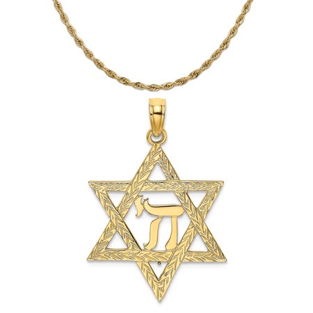 Carat in Karats 14K Yellow Gold Star of David with Chi Center Pendant Charm (26.8mm) with 10K Yellow Gold Lightweight Rope Chain Necklace 16