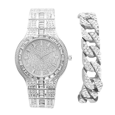 Blingâ€™ed Out Hip Hop Baguette Ice Watch with Matching Blingâ€™ed Out Miami Silver Cuban Bracelet - (8645B Silver)