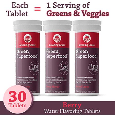 Amazing Grass Fizzy Green Tablets Superfood: Green Superfood Water Flavoring Tablet with Antioxidants & Alkalizing Greens  Berry  10 Count (Pack of 3)