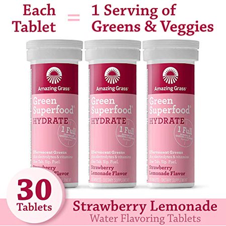 Amazing Grass Effervescent Electrolyte Tablets: Greens + Hydration Water Flavoring Tablet with Vitamins  Strawberry Lemonade  30 Count