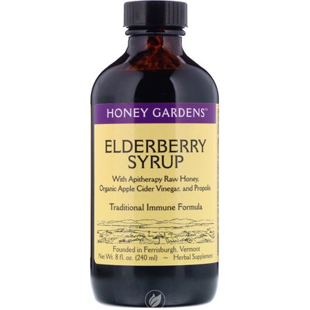 Honey Gardens  Elderberry Syrup with Apitherapy Raw Honey  Organic Apple Cider Vinegar and Propolis  8 Fl Oz (240 Ml)