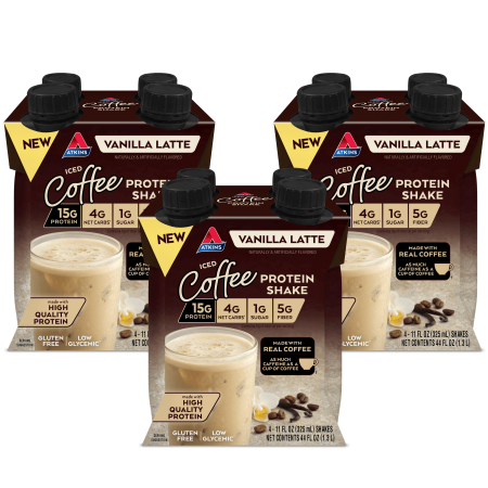 Atkins Iced Coffee Vanilla Latte Protein Shake  High Protein  Low Glycemic  Low Carb  Low Sugar  Keto Friendly  3/4 Packs