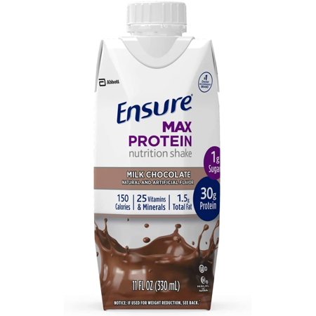 Ensure Max Protein Nutrition Shake with 30g of Protein, 1g of Sugar, High Protein Shake, Milk Chocolate, 11 Fl Oz, 12 Count