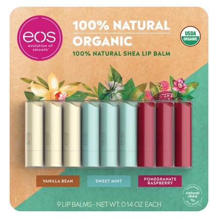 Eos 100% Natural & Organic Lip Balm Stick - Vanilla Bean  Sweet Mint and Pomegranate Raspberry | 0.14 Oz | 9 Count.