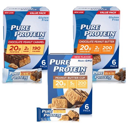 Pure Protein Bars, High Protein, Nutritious Snacks to Support Energy, Low Sugar, Gluten Free, Peanut Butter Lovers Variety Pack, 1.76 Oz, 18 Count