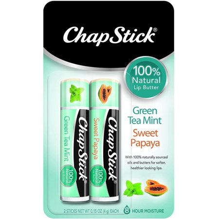 100% Natural Lip Butter Tube, Flavored Lip Balm, 0.15 Ounce Each (Green Tea Mint & Sweet Papaya Flavors, 1 Blister Pack of 2 Sticks)