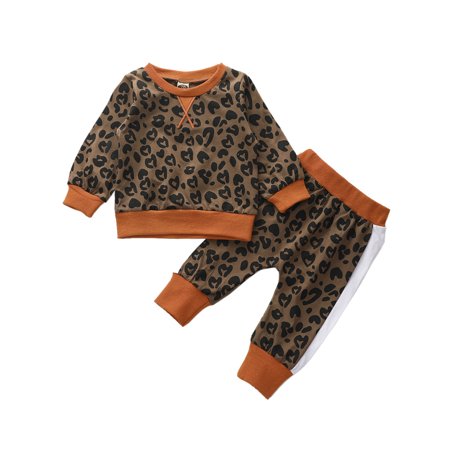 LA HIEBLA Toddler Baby Leopard Print Sweatshirts Tops Pants Sport Suit Set