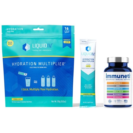 Liquid I.V. Hydration Multiplier, Electrolyte Powder, Easy Open Packets, Supplement Drink Mix (Lemon Lime, 16 Count) + Immuneti - Advanced Immune Defe