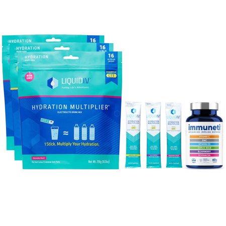 Liquid I.V. Hydration Multiplier, Electrolyte Powder, Supplement Drink Mix (Passion Fruit, 16 Ct, Acai Berry, 16 Ct, Lemon Lime, 16 Ct) + Immuneti - A