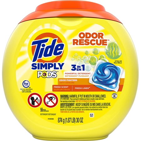 Tide Simply Pods Odor Rescue Liquid Laundry Detergent Pacs, 3 in 1 Powerful Detergent, Fresh Scent, 55 Count