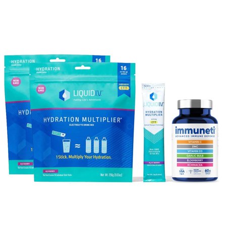 Liquid I.V. Hydration Multiplier, Electrolyte Powder, Easy Open Packets, Supplement Drink Mix (Acai Berry, 32 Count) + Immuneti - Advanced Immune Defe