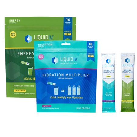 Liquid I.V. Hydration Multiplier, Electrolyte Powder, Easy Open Packets, Supplement Drink Mix (16ct Acai Berry) + Liquid I.V. Energy Multiplier, Super