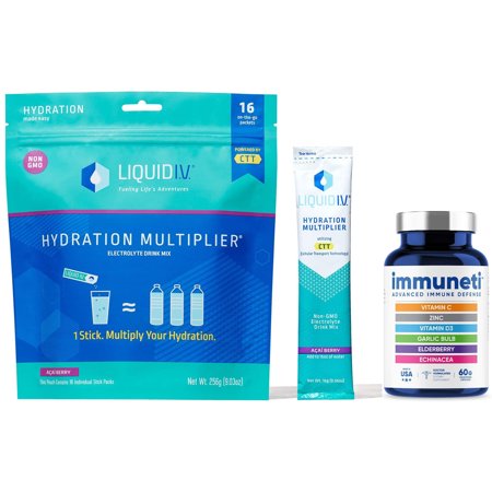 Liquid I.V. Hydration Multiplier, Electrolyte Powder, Easy Open Packets, Supplement Drink Mix (Acai Berry, 16 Count) + Immuneti - Advanced Immune Defe
