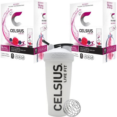 CELSIUS on-the-Go Energy Drink Powder Sticks (2 Pack) with Blender Bottle Shaker