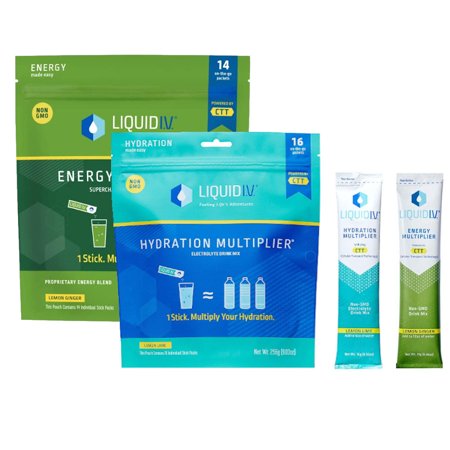 Liquid I.V. Hydration Multiplier, Electrolyte Powder, Easy Open Packets, Supplement Drink Mix (16ct Lemon Lime) + Liquid I.V. Energy Multiplier, Super