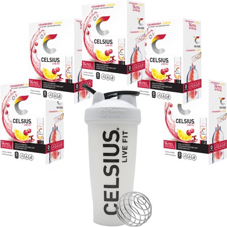 CELSIUS on-the-Go Energy Powder Sticks (5 Pack) with Shaker - Cranberry Lemon