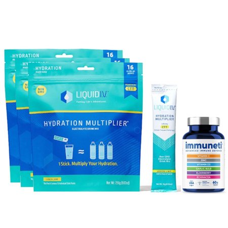 Liquid I.V. Hydration Multiplier, Electrolyte Powder, Easy Open Packets, Supplement Drink Mix (Lemon Lime, 48 Count) + Immuneti - Advanced Immune Defe