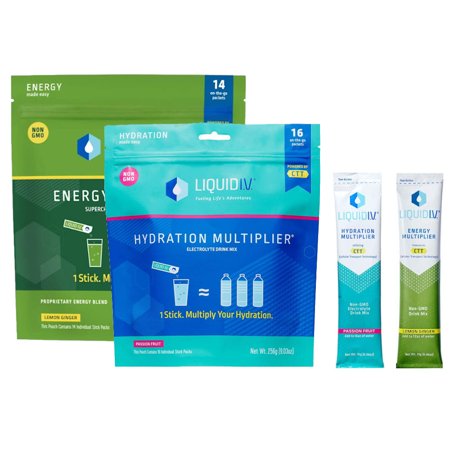 Liquid I.V. Hydration Multiplier, Electrolyte Powder, Easy Open Packets, Supplement Drink Mix (16ct Passion Fruit) + Liquid I.V. Energy Multiplier, Su