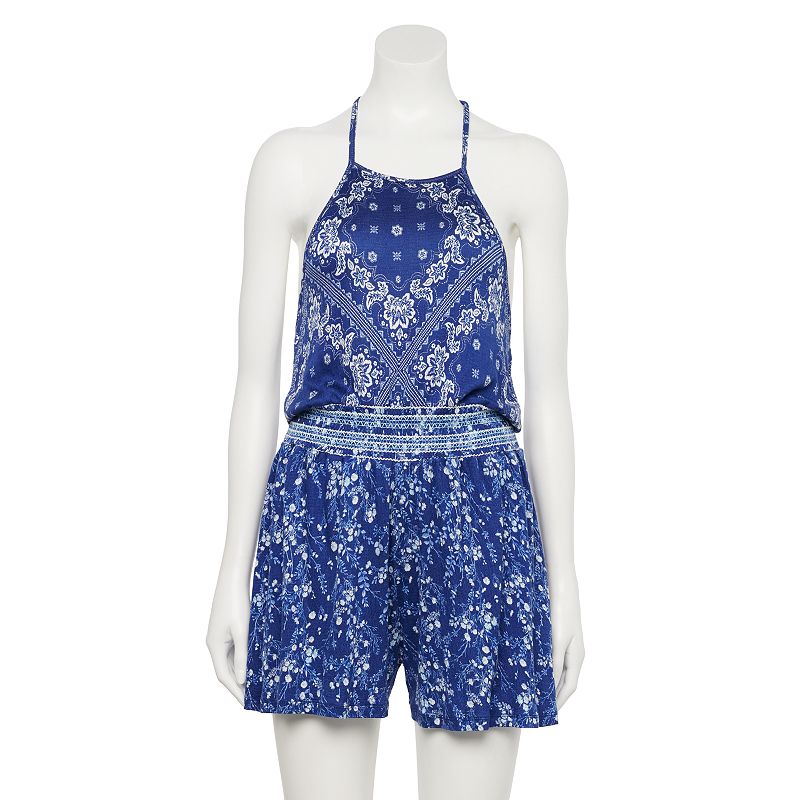 Juniors' Hint of Mint Textured Knit Printed Smocked Halter Romper, Women's, Size: Small, Blue