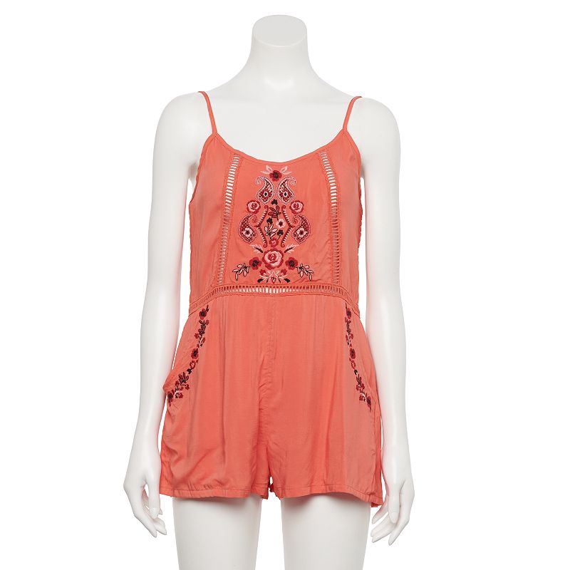 Juniors' Hint of Mint Embroidered Romper, Women's, Size: Large, Light Red