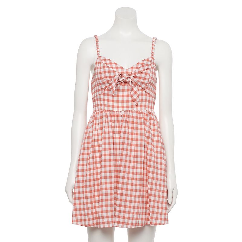 Juniors' Hint of Mint Gingham Print Bow Front Dress, Women's, Size: XL, Pink