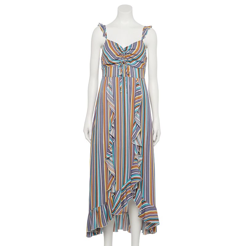 Juniors' Hint of Mint Striped Ruffled Maxi Dress with Front Shirring, Women's, Size: Large, Blue